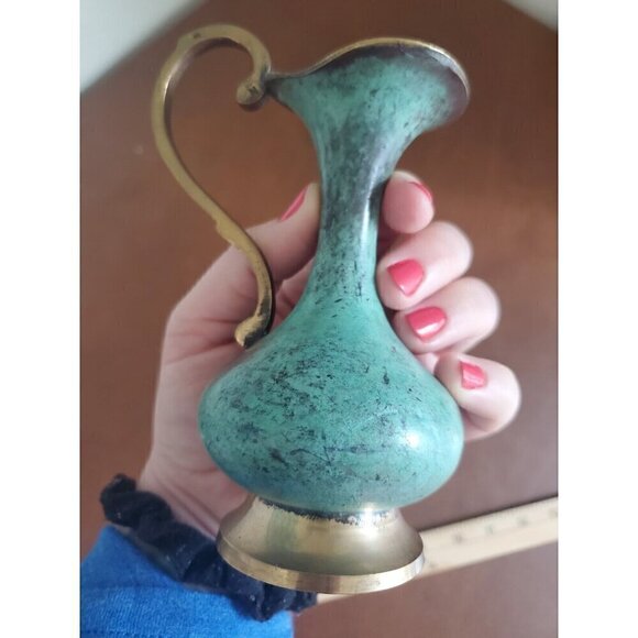Vintage Solid Brass & Enamel Blue Mini Vase & Pitcher Made In India‎ 5.5" - Picture 2 of 10